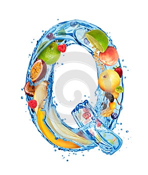 Latin letter Q made of water splashes with different fruits and berries