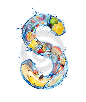 Latin letter S made of water splashes with different fruits and berries