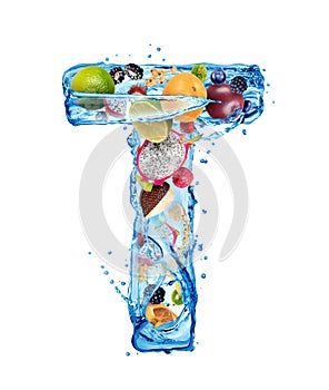 Latin letter T made of water splashes with different fruits and berries