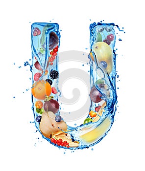 Latin letter U made of water splashes with different fruits and berries