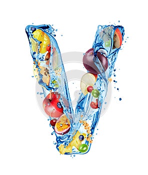 Latin letter V made of water splashes with different fruits and berries