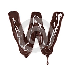 Latin letter W with drop is made of melted chocolate, isolated on white background