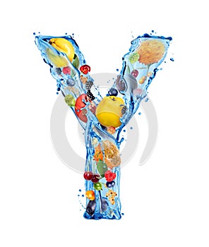 Latin letter Y made of water splashes with different fruits and berries