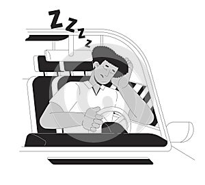 Latin man falling asleep while driving black and white cartoon flat illustration