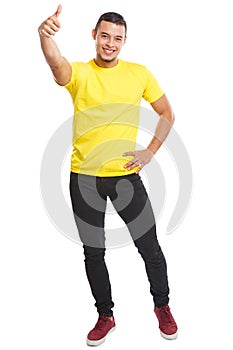 Latin man young success successful smiling full body portrait thumbs up people isolated on white