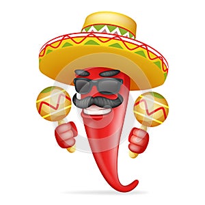 Latin maraca mexican hat red cool hot chili pepper sunglasses mustache happy character realistic 3d cartoon design photo