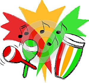 Illustrazione in oro, verde e rosso, che rappresenta la musica latina, con una conga tamburo e maracas