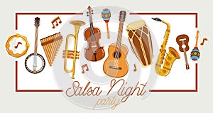 Latin music band salsa vector flat poster isolated over white background, live sound festival concert or night dancing party,