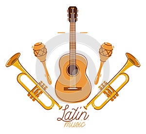 Latin music emblem or logo vector flat style illustration isolated, acoustic guitar logotype for recording label or studio or