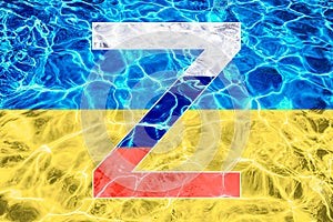 Latin symbol z in the colors of the flag of russia over the national flag of ukraine