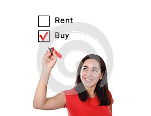 Latin woman choosing buy or rent new house option in real estate concept