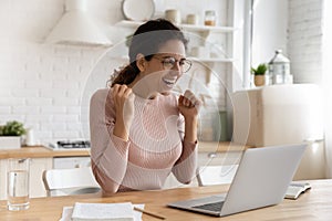 Latina student woman read about university admission acceptance feels excited