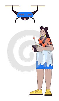 Latina woman controlling uav drone 2D linear cartoon character