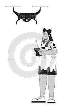 Latina woman controlling uav drone black and white 2D line cartoon character