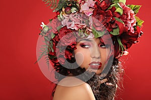 Latina Woman With Floral Headpiece on Red photo