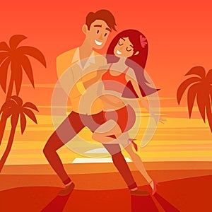 Latino dancer on beach vector illustration. Cuban couple of happy woman and man. Salsa, samba, bachata or zouk dance