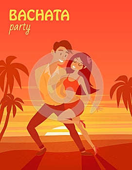 Latino party affiche. Bachata dancer on beach vector illustration