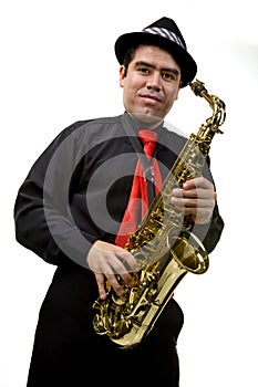 Latino Saxophone Player Isolated on White