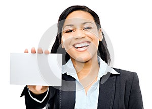 Latino woman holding white card background