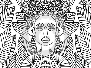 Latino young woman and leaves and flowers coloring page.