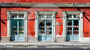 a Latinoamerica facade adorned with three stores, each featuring large glass display cases showcasing their merchandise.