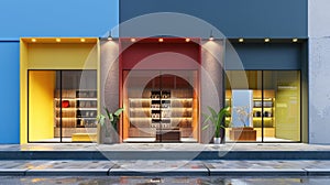 a Latinoamerica facade adorned with three stores, each featuring large glass display cases showcasing their merchandise. photo