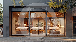 a Latinoamerica facade adorned with three stores, each featuring large glass display cases showcasing their merchandise. photo