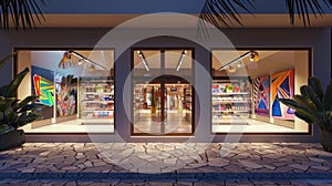 a Latinoamerica facade adorned with three stores, each featuring large glass display cases showcasing their merchandise. photo