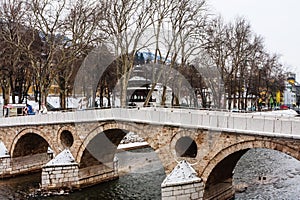 View of Latinska kuprija the Latin Bridge crossing the Miljacka river central Sarajevo city. Bosnia and Herzegovina