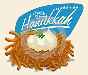 Latke with Sour Cream and Hanukkah Message, Vector Illustration