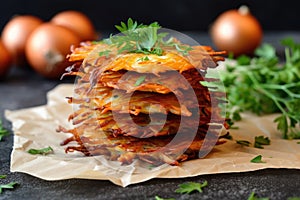 latkes stacked on parchment paper with a sprig of parsley on top
