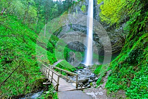 Latourell Falls hiking trail footbridge Oregon US