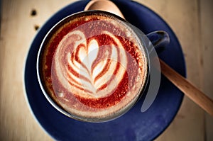 Latte art, Blue coffee cup on gray background