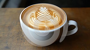 Close up of Latte Art Coffee in White Cup on Wooden Table