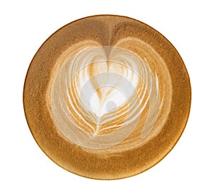 Latte art coffee with foam heart shaped top view isolated on white background