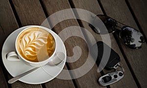 latte art coffee photography top view with classic coffee cup set