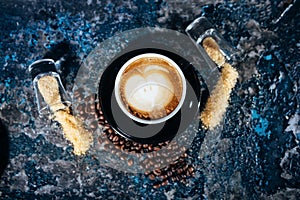 Latte art on cups of coffee at bar, pub or restaurant