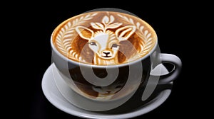 Latte art of deer in white mug and saucer