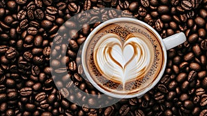 Latte art heart, coffee beans background, cafe menu, beverage