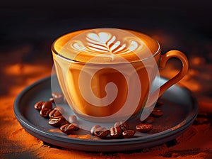 Latte art in an orange cup with coffee beans