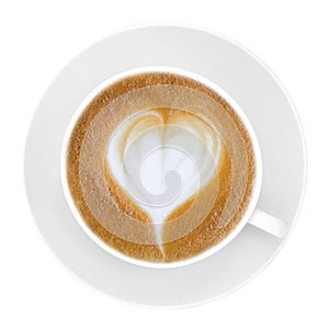 Latte art top view of a cup of coffee on white background that showed heart on cup.