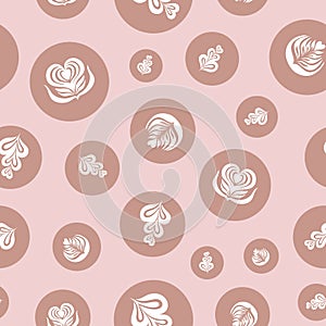 Latte art vector pattern background design, fun seamless repeat of coffee froth decorative elements.