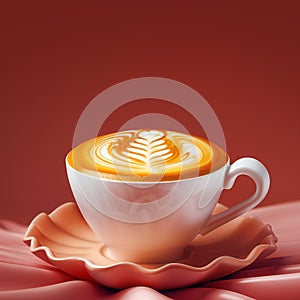 Latte art in a white cup on a curvy saucer over silky background