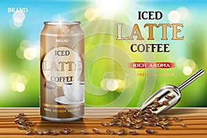Latte coffee aluminum can with milk and beans ads. 3d illustration of hot arabica coffee package design on wooden table