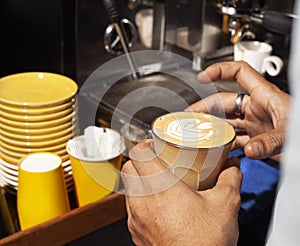 Latte coffee that has been made by the craftsmanship of the barista