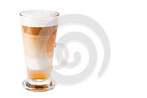 Latte coffee isolated on white in a glass in layers
