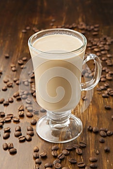 Latte in a glass mug ready to drink.