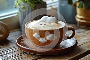 Latte served in cloudthemed cup