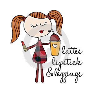 Lattes, lipstick and leggings - Hand drawn vector illustration. Autumn color poster photo