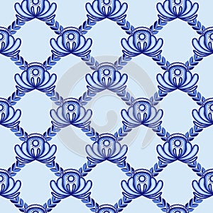 Lattice from blue flowers and leaves. A seamless pattern in the Gzhel style.